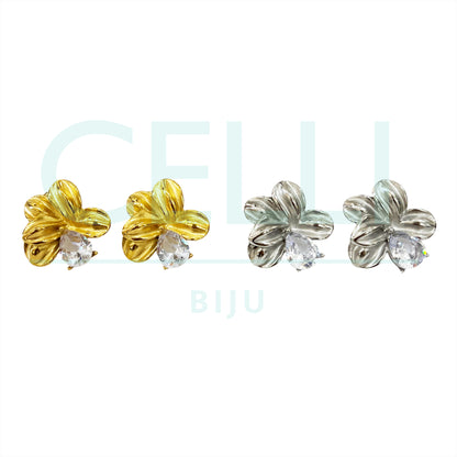 Brinco de Aço - flor detalhada com brilhante