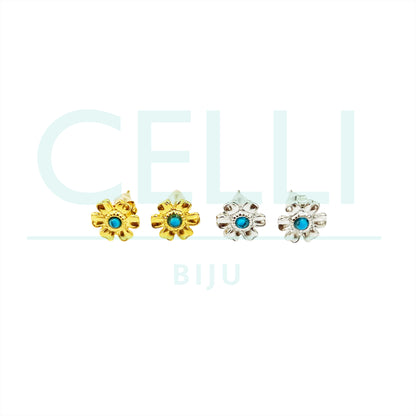 Steel Earring with Mini Medal - Flower with Turquoise Stone