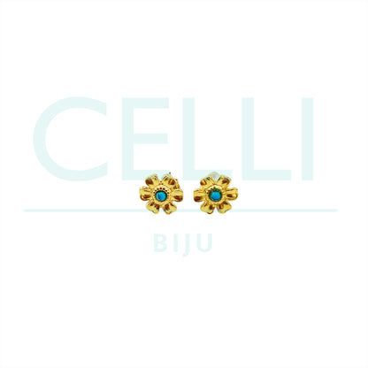 Steel Earring with Mini Medal - Flower with Turquoise Stone