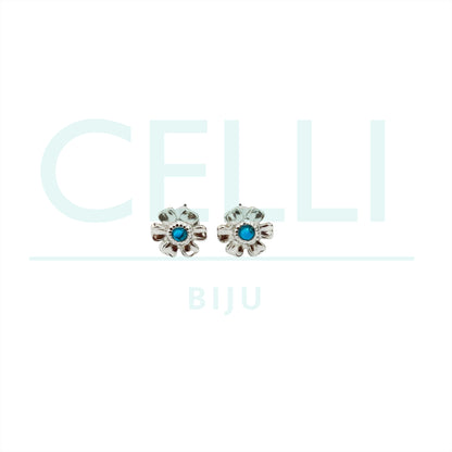Steel Earring with Mini Medal - Flower with Turquoise Stone