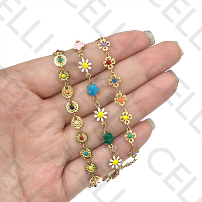 Ankle Bracelet Steel - Enamel Flowers