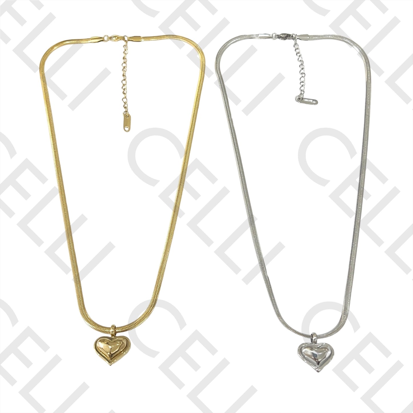 Steel Necklace - flattened snake mesh with heart