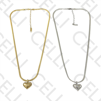 Steel Necklace - flattened snake mesh with heart