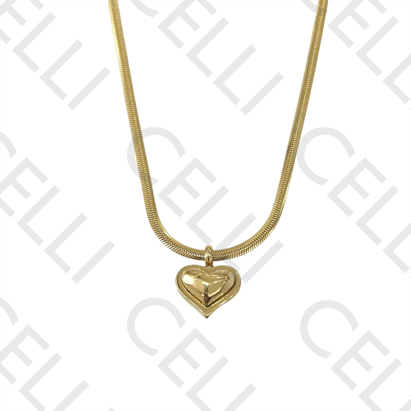 Steel Necklace - flattened snake mesh with heart