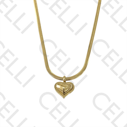 Steel Necklace - flattened snake mesh with heart