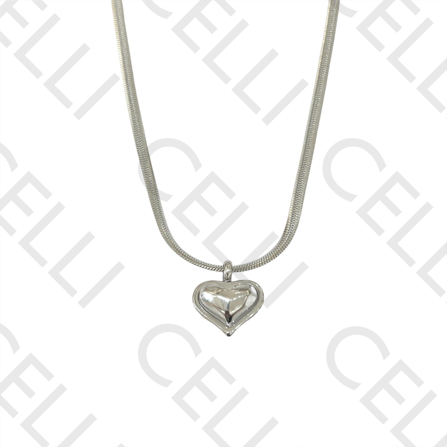 Steel Necklace - flattened snake mesh with heart