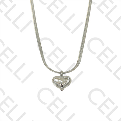 Steel Necklace - flattened snake mesh with heart