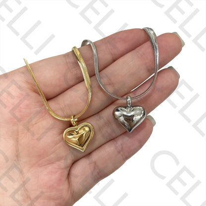 Steel Necklace - flattened snake mesh with heart