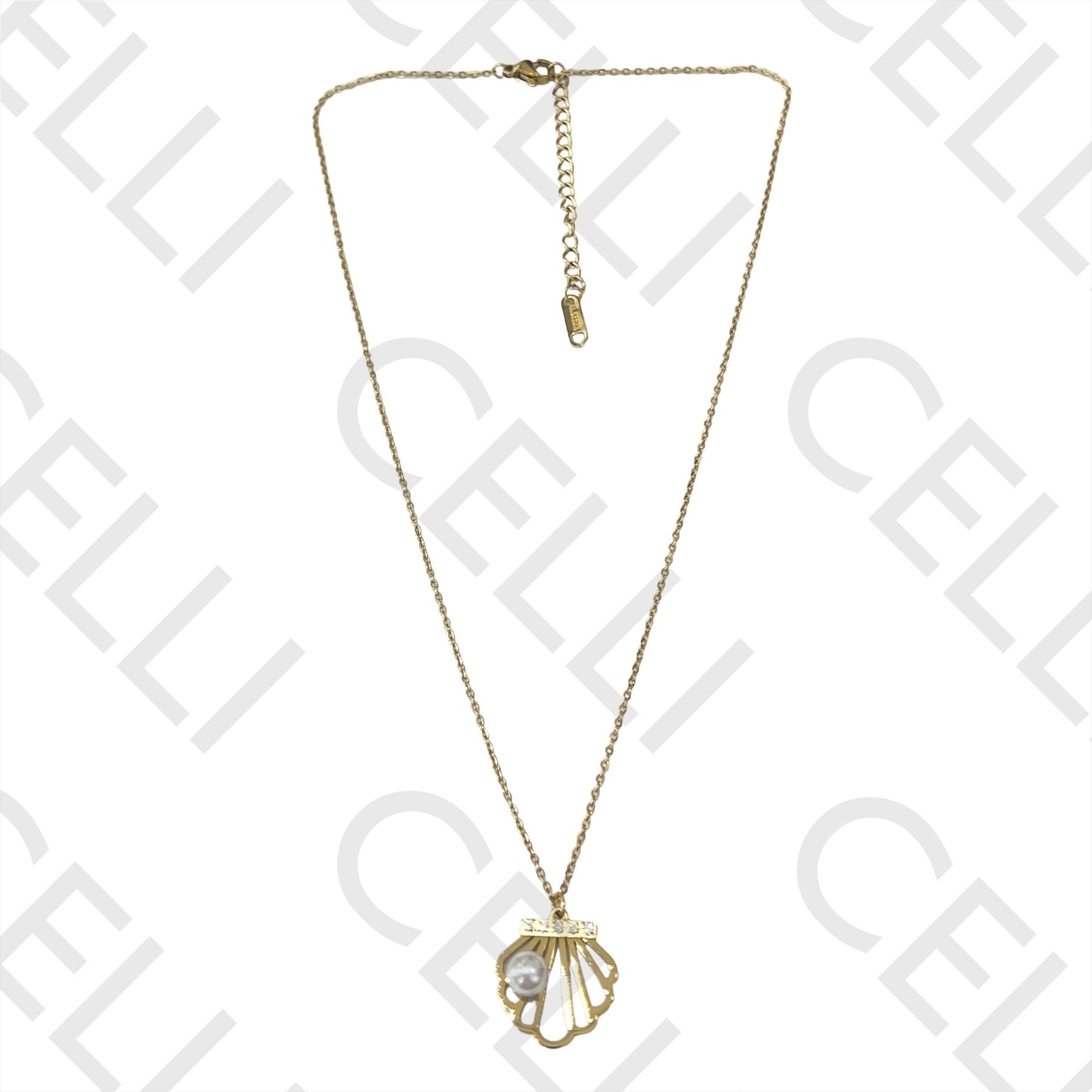 不锈钢项链 - 带珍珠的贝壳