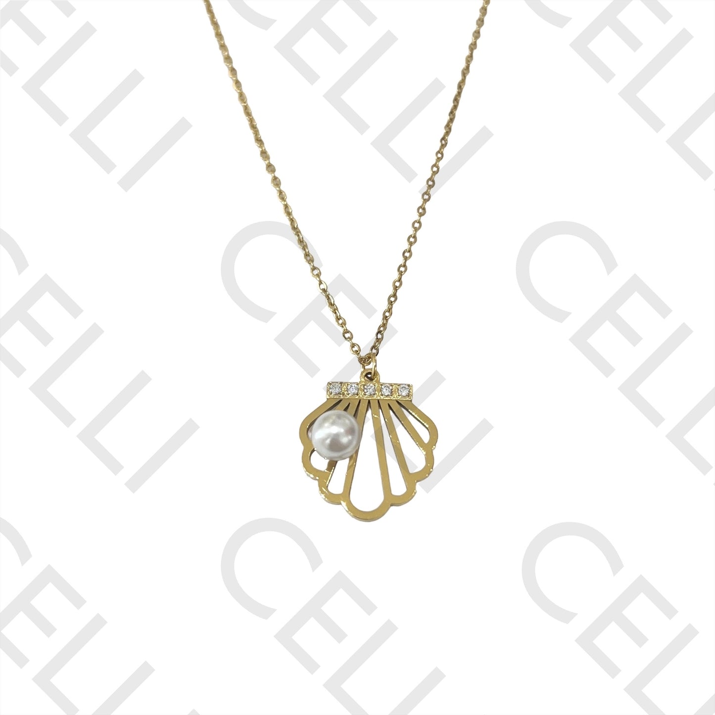 不锈钢项链 - 带珍珠的贝壳