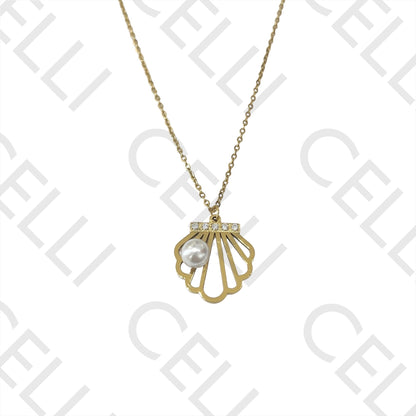 不锈钢项链 - 带珍珠的贝壳