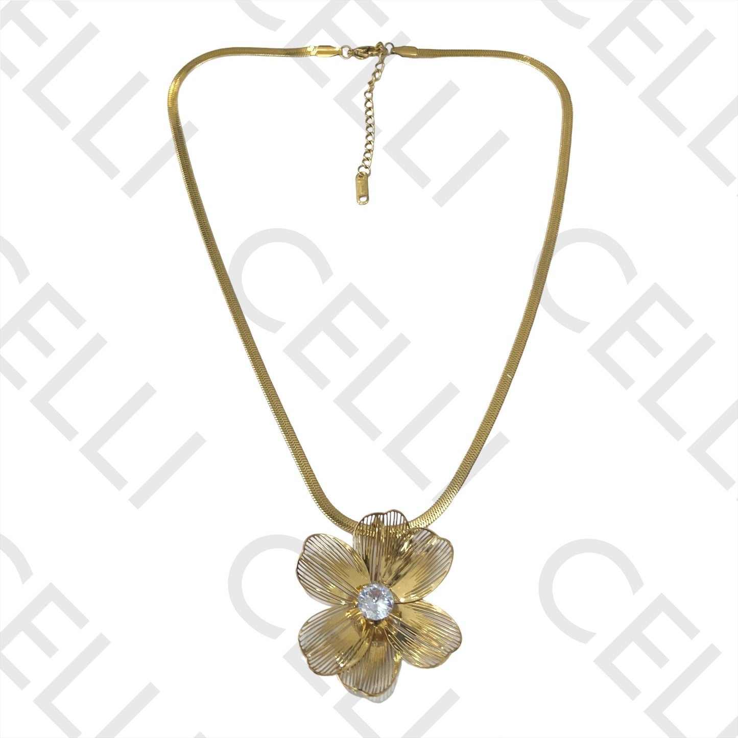 钢制项链 - 带钻花朵