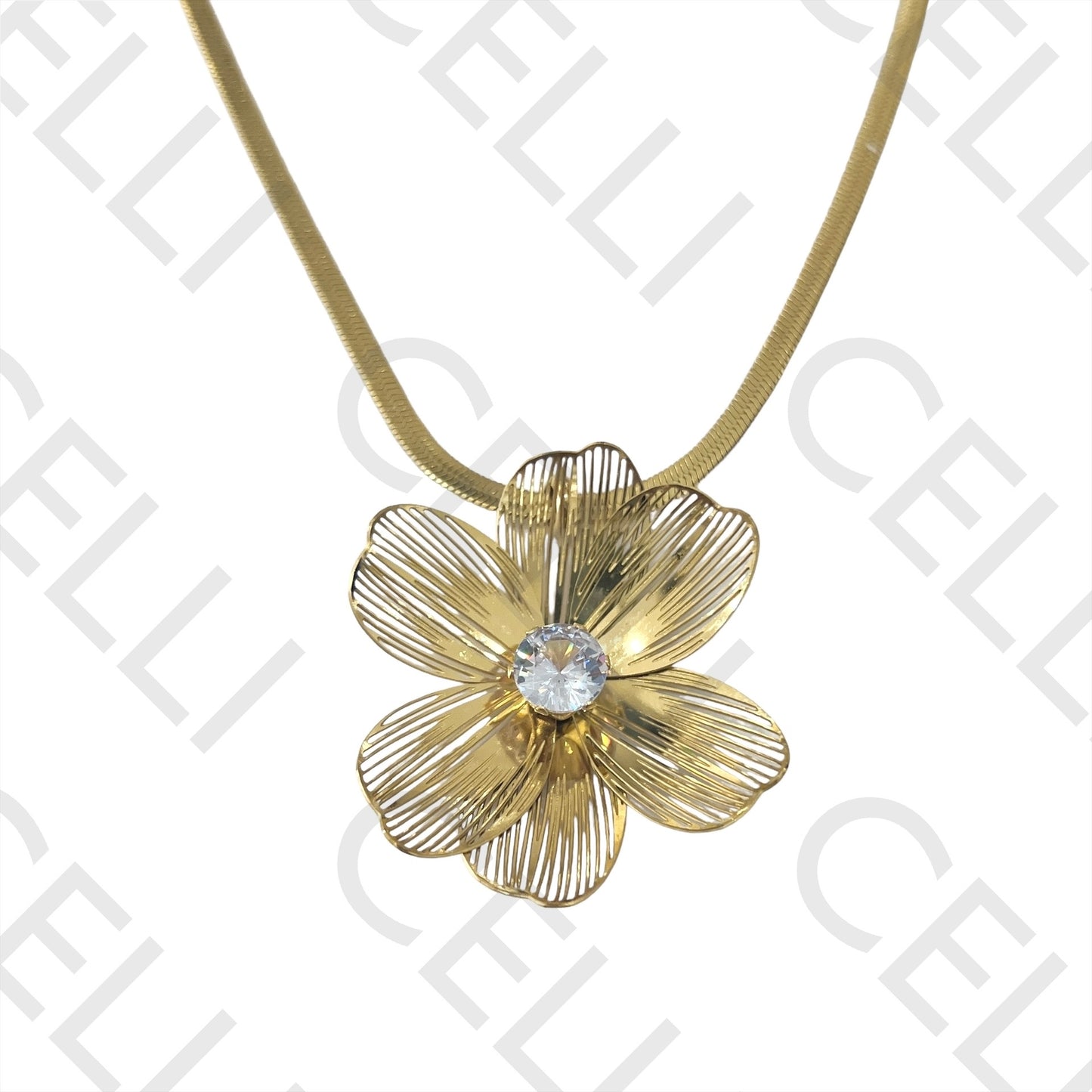 钢制项链 - 带钻花朵