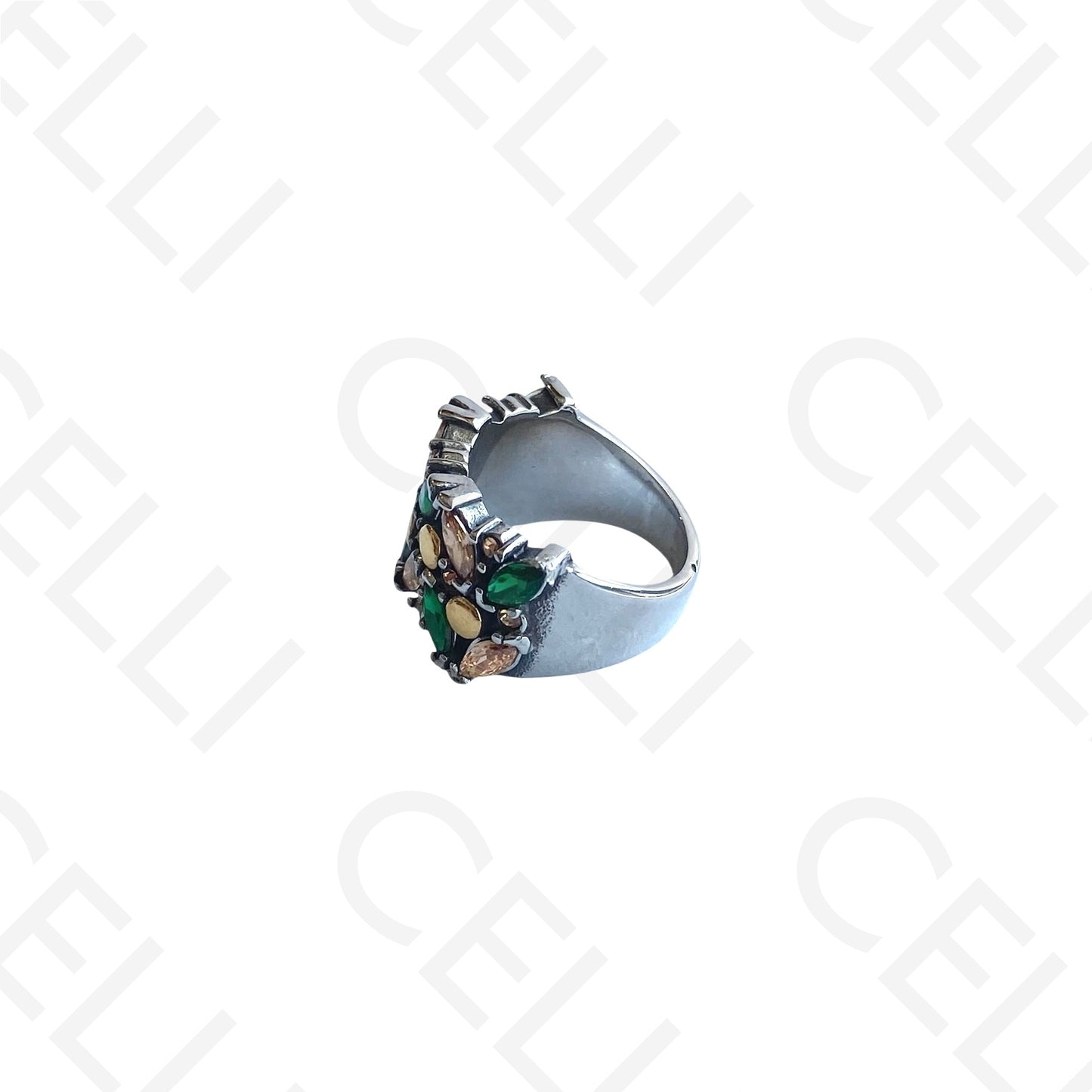 Anel de Aço - 2 tons com brilhantes verdes