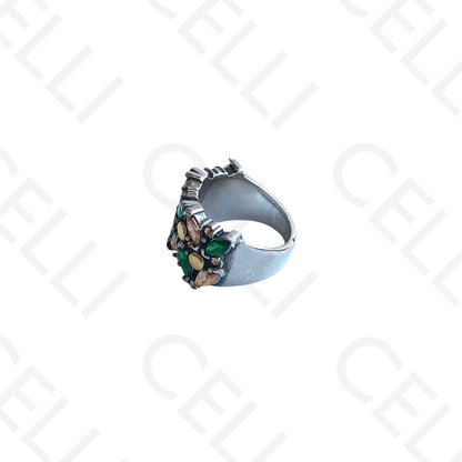 Anel de Aço - 2 tons com brilhantes verdes