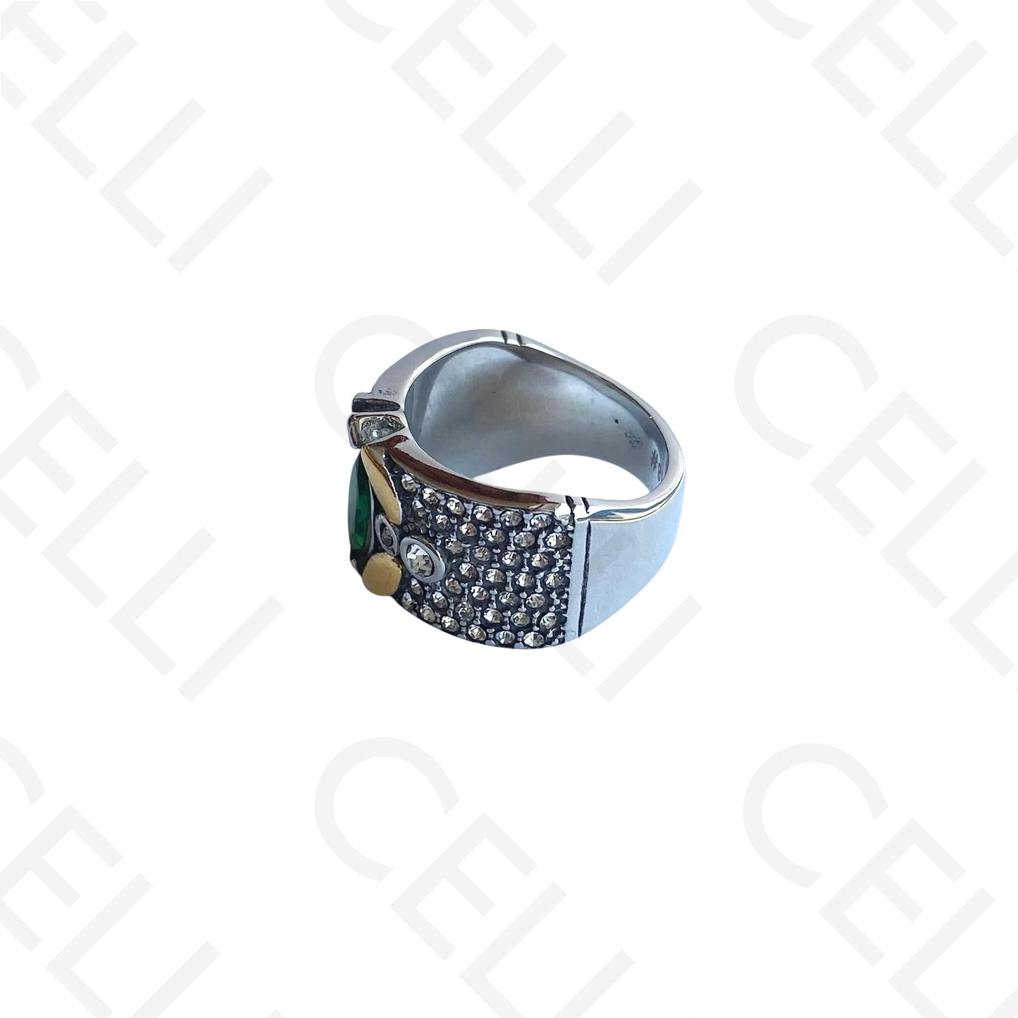 Anel de Aço - 2 tons com brilhante verde