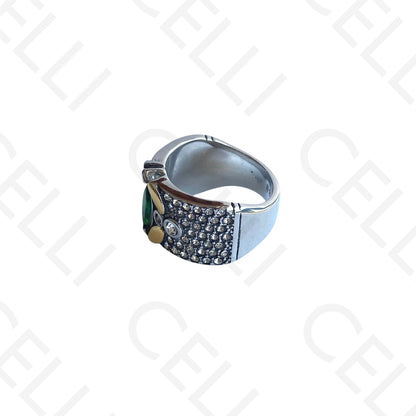 Anel de Aço - 2 tons com brilhante verde