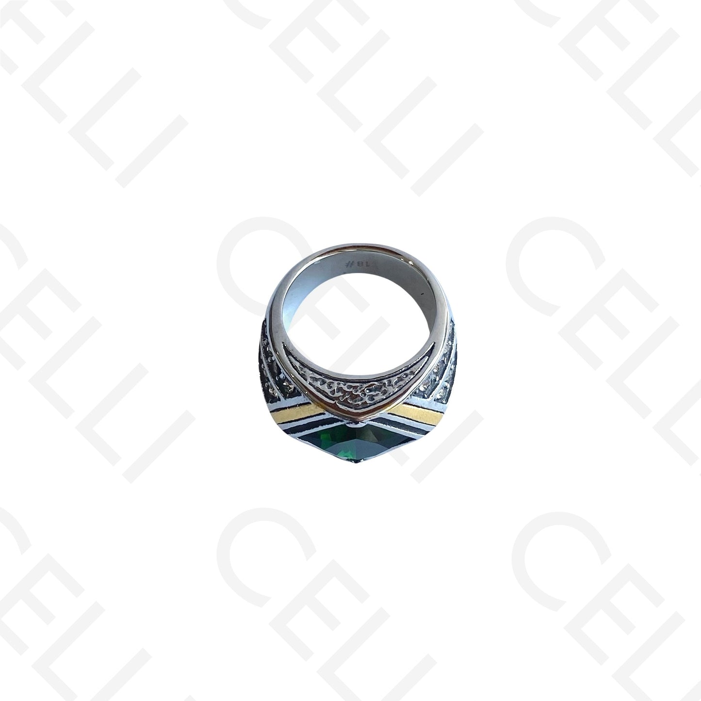 Anel de Aço - 2 tons com brilhante verde