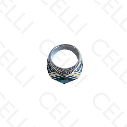 Anel de Aço - 2 tons com brilhante verde