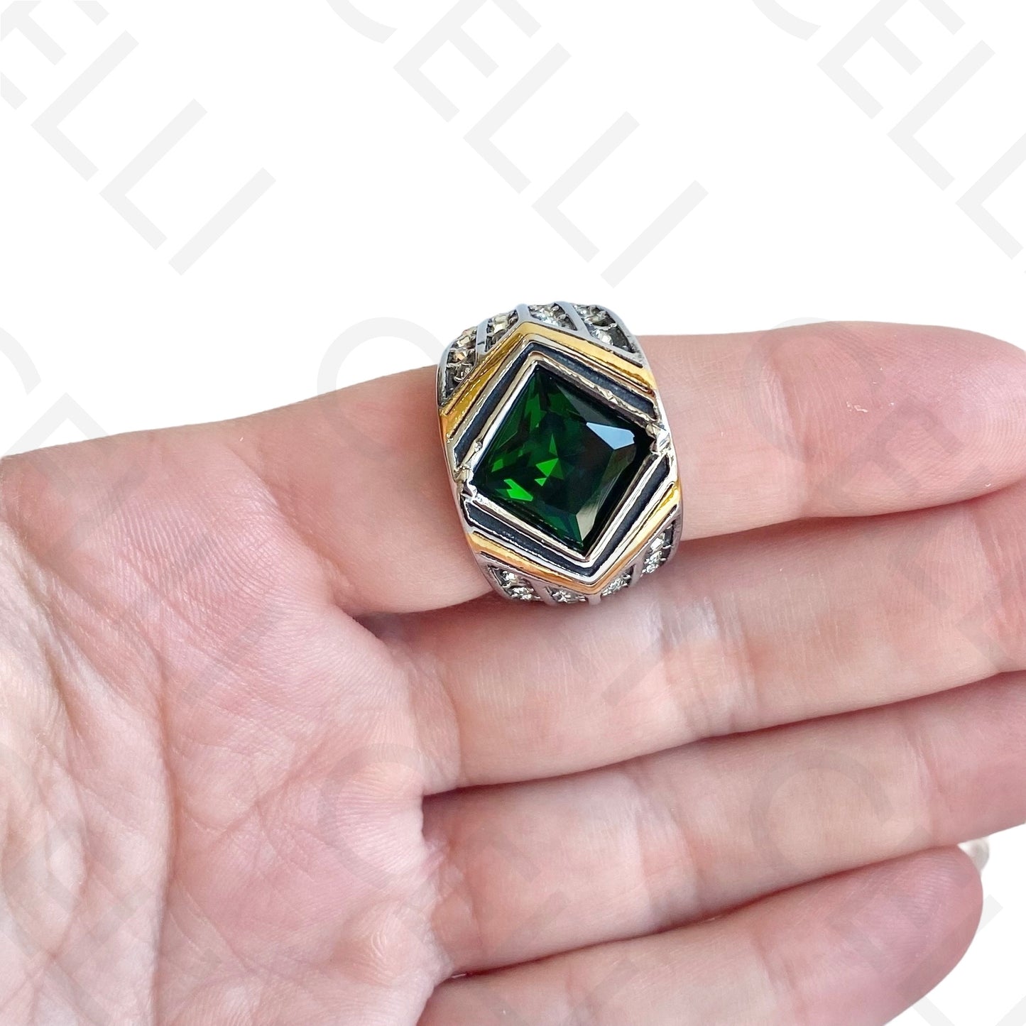 Anel de Aço - 2 tons com brilhante verde