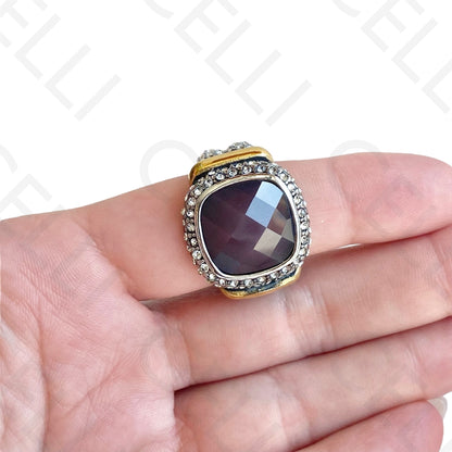 Anel de Aço - 2 tons com brilhante lilás