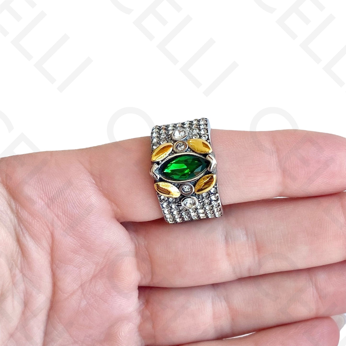 Anel de Aço - 2 tons com brilhante verde