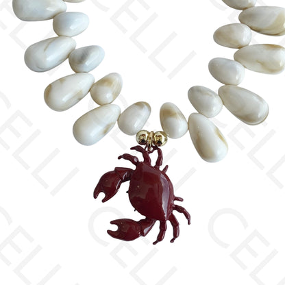 Colar de moda - contas ovais com medalha caranguejo esmaltado