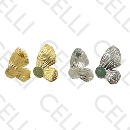 Steel Earring - flower with green stone