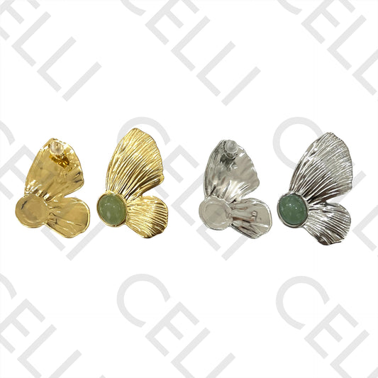 Steel Earring - flower with green stone