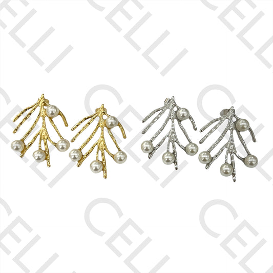 Steel Earring - leaf with pearls