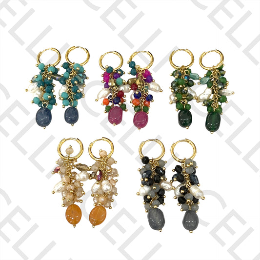 Steel Hoop Earrings - faceted crystals, freshwater pearls, and natural stone