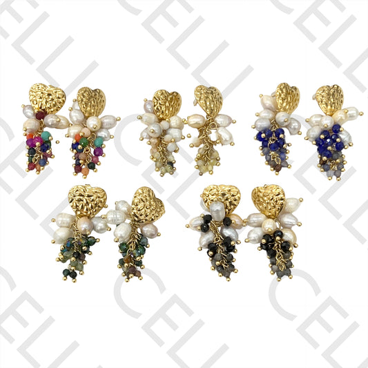 Steel Earring - heart with faceted crystals and freshwater pearls