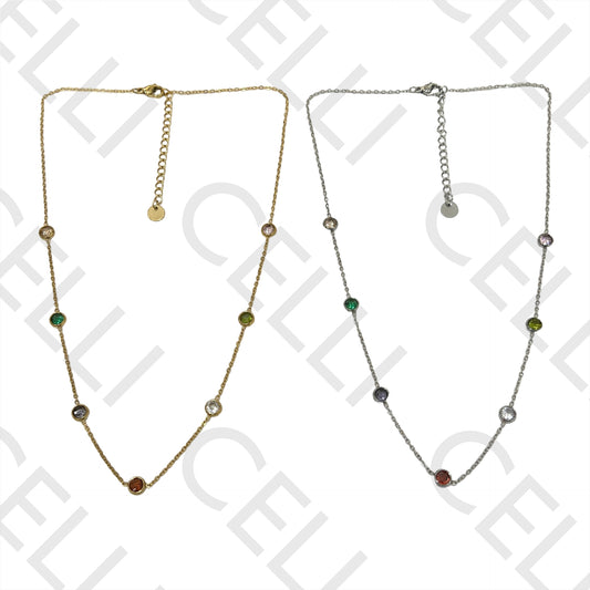 不锈钢项链带彩色闪亮小吊坠间隔珠