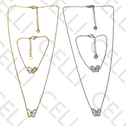 不锈钢项链/手链 - 带母贝的蝴蝶款式