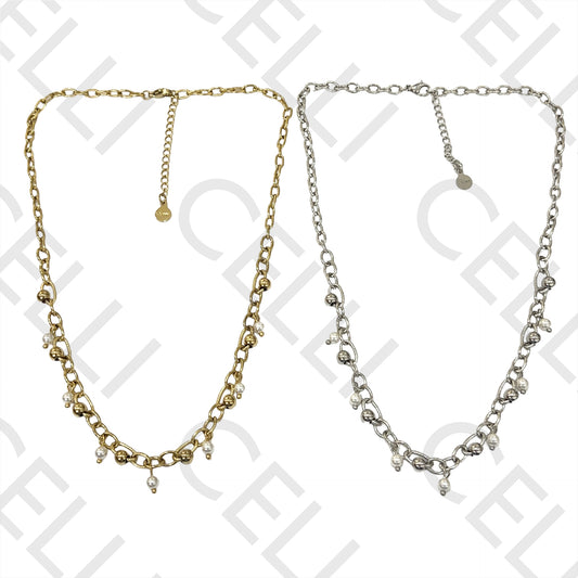 不锈钢项链 - 珍珠与钢球