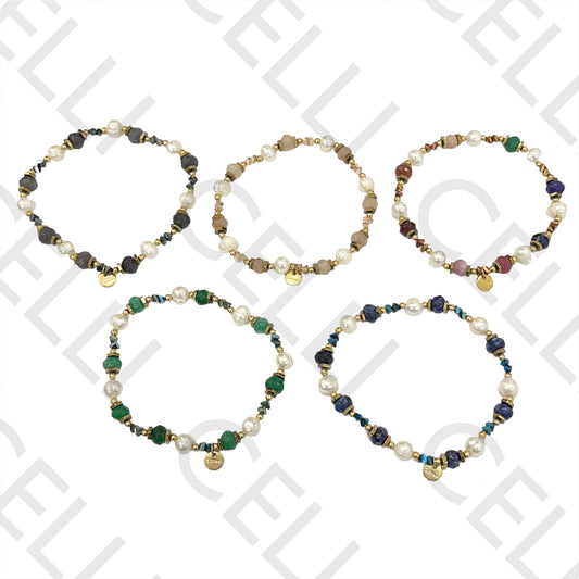 Pulseira de Elástico com Pérolas de Água Doce, Pedras Naturais, Hematita e Aço