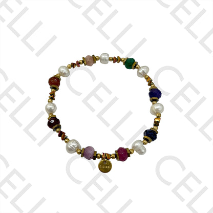 弹性手链搭配淡水珍珠、天然宝石、赤铁矿和钢材