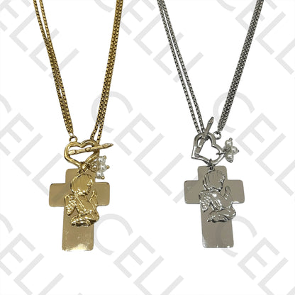 Collar OT de Acero con Doble Cierre - Cruz, Ángel y Perlas