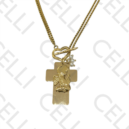 Collar OT de Acero con Doble Cierre - Cruz, Ángel y Perlas