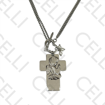 Collar OT de Acero con Doble Cierre - Cruz, Ángel y Perlas