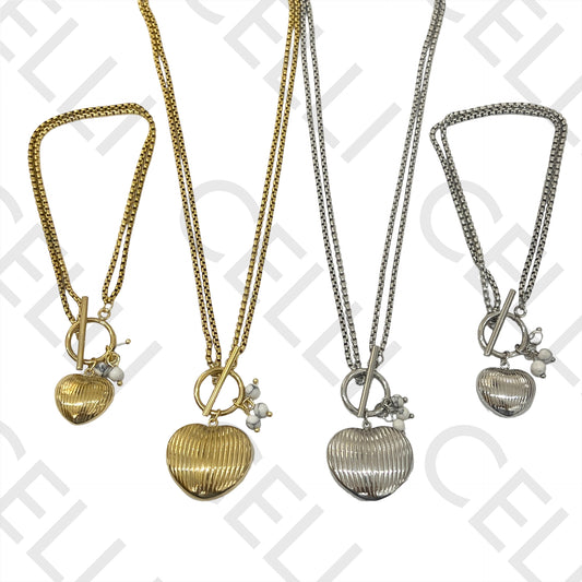 Collar/Pulsera de Acero con Doble Cierre OT - Corazón y Piedras Detalladas