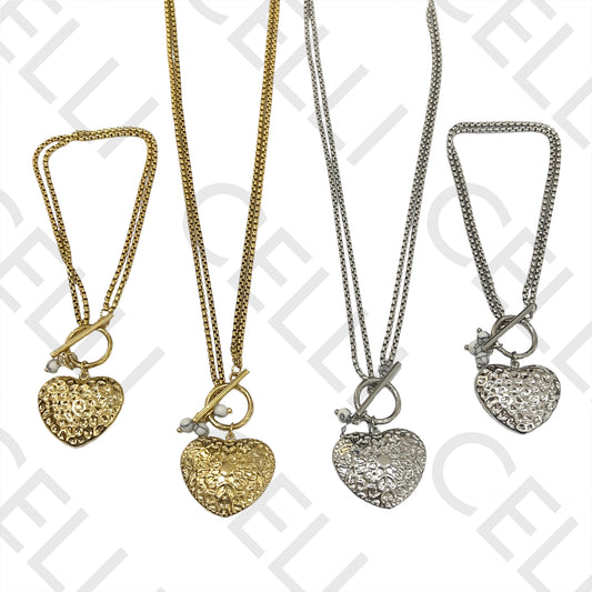 Collar/Pulsera de Acero con Doble Cierre OT - Corazón y Piedras Detalladas