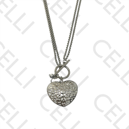 双钢链颈链/手链 OT扣 - 心形细节与宝石