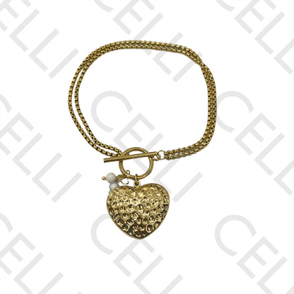 双钢链颈链/手链 OT扣 - 心形细节与宝石