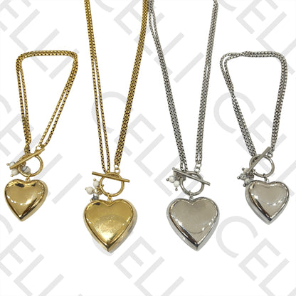 双钢项链/手链 OT扣 - 光滑心形和宝石