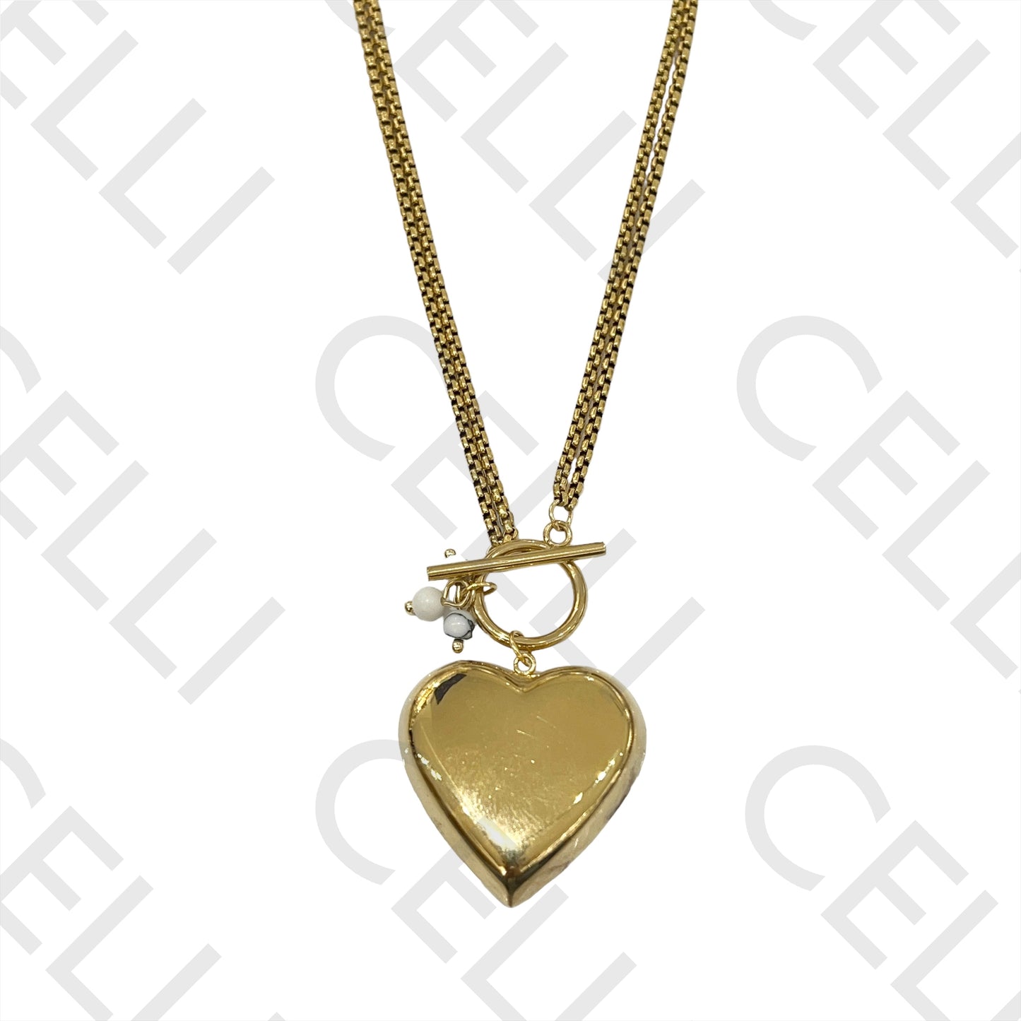 Collar/Pulsera de Acero con Doble Cierre OT - Corazón Liso y Piedras