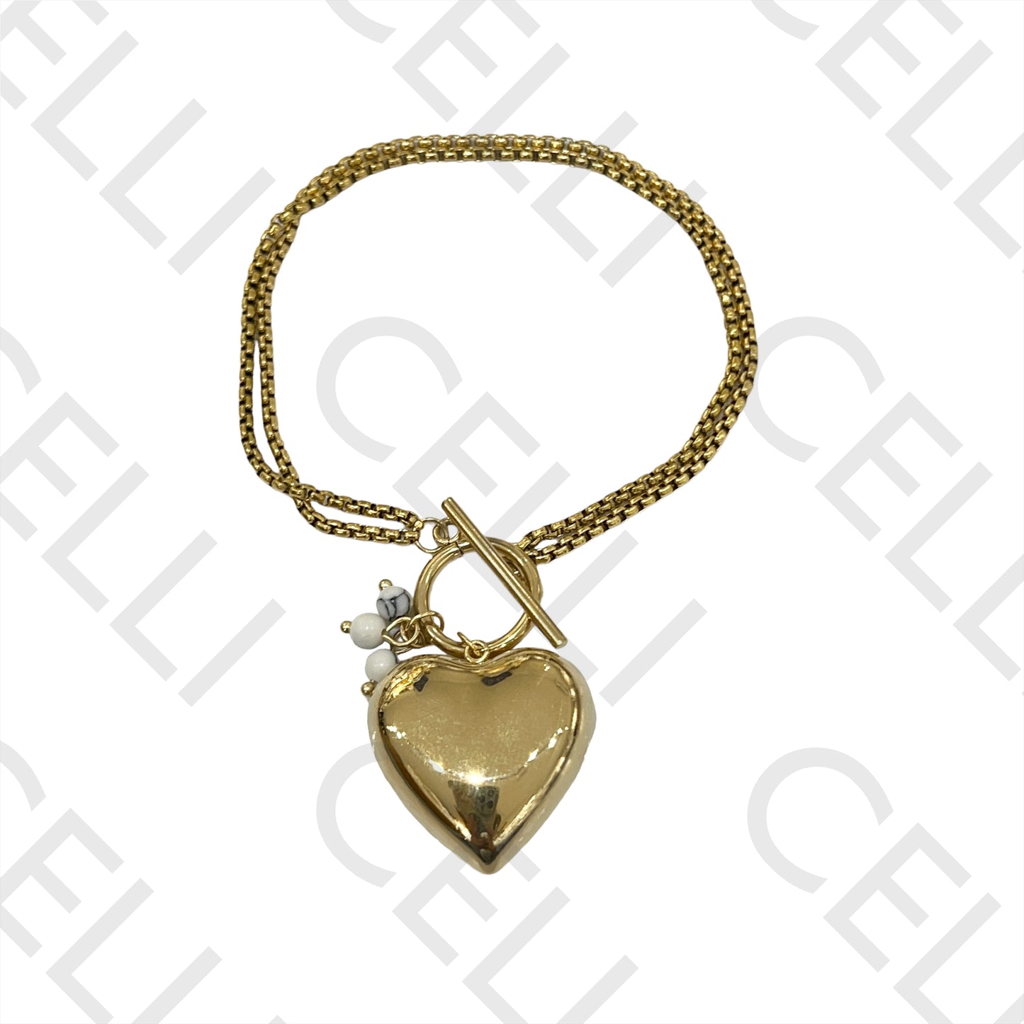 Collar/Pulsera de Acero con Doble Cierre OT - Corazón Liso y Piedras