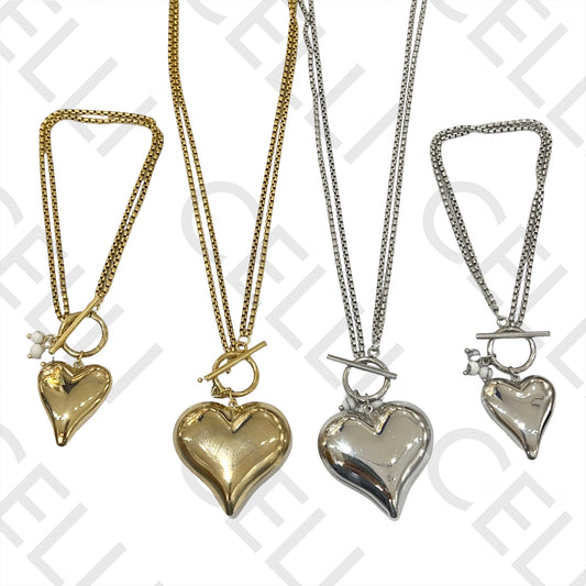 Collar/Pulsera de Acero con Doble Cierre OT - Corazón Liso y Piedras