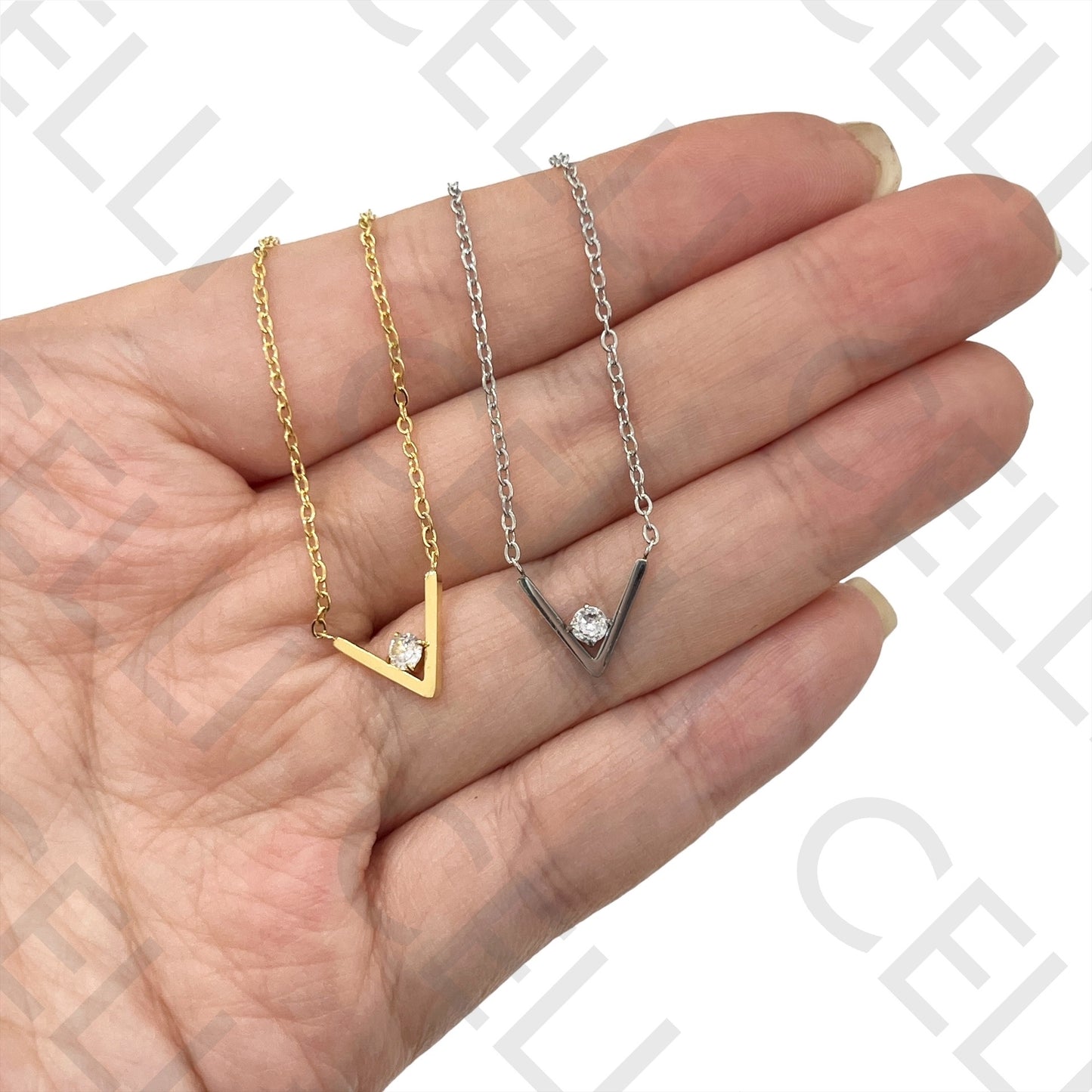 Steel Necklace - V with Brilliant