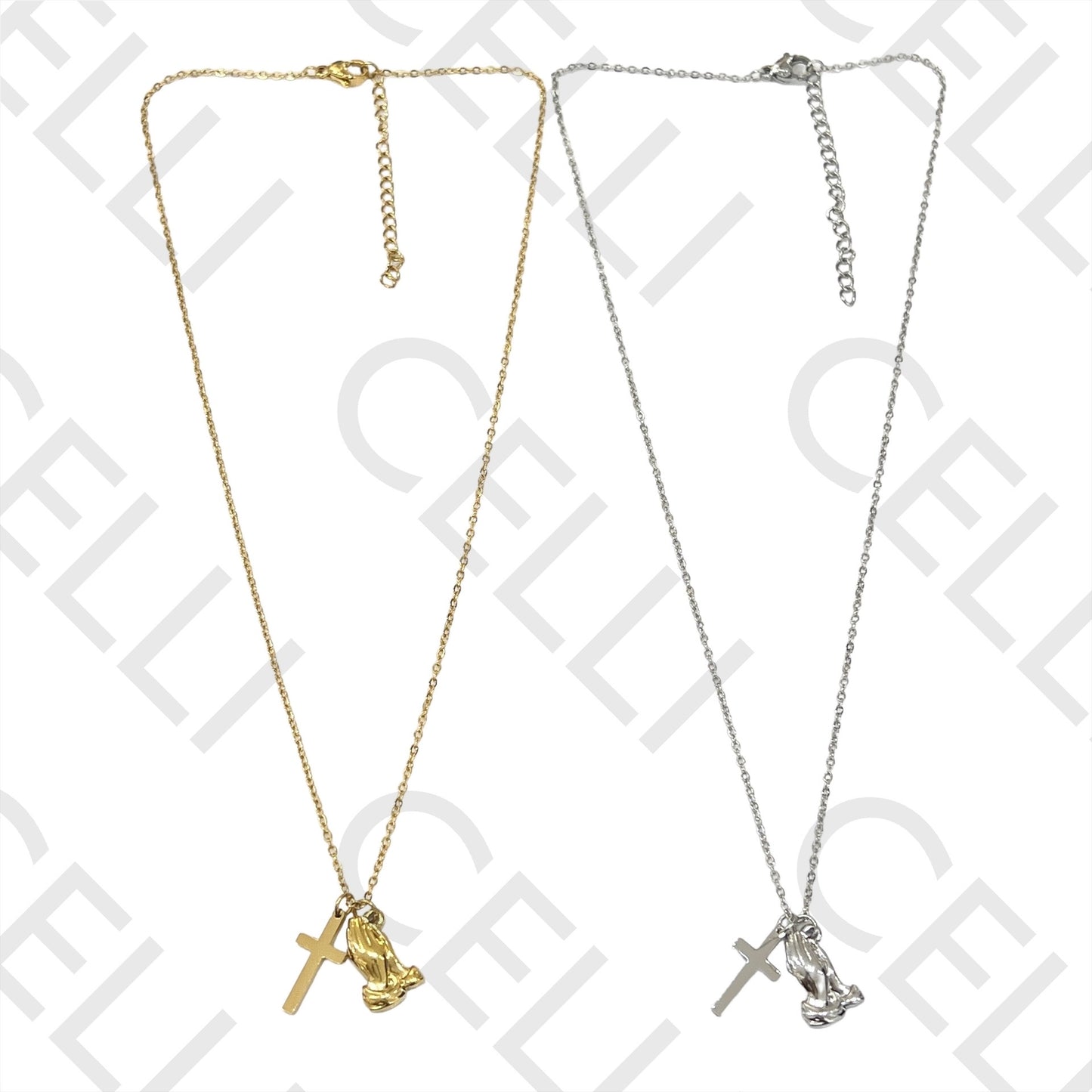 十字架和祈祷手不锈钢项链